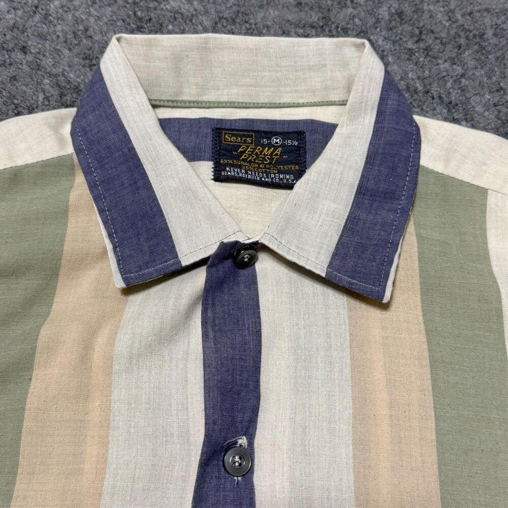Vintage 70s Sears Perma Prest Striped Shirt Mens Medium Long Sleeve Dagger Y2K